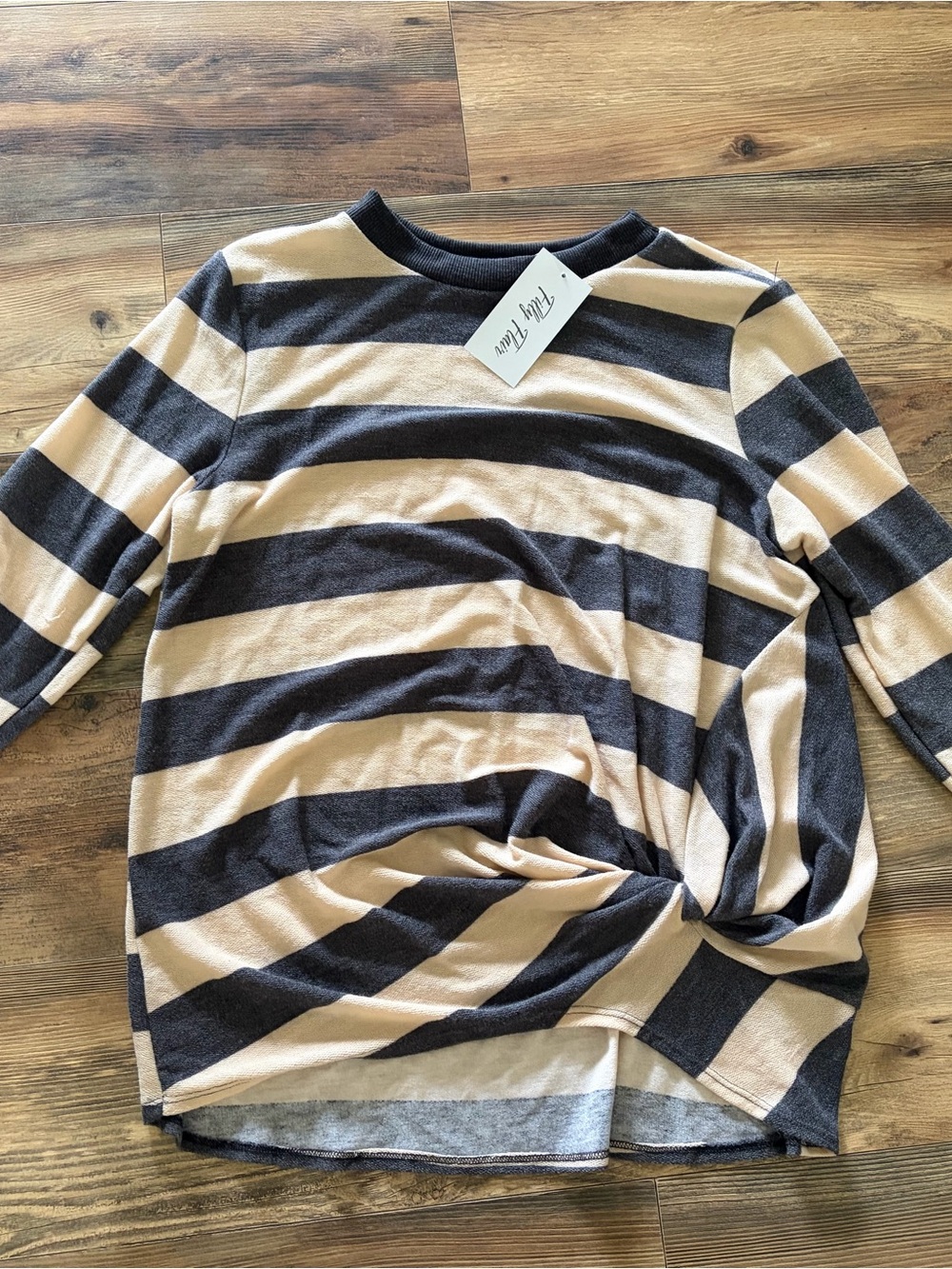 Filly Flair Beige & Charcoal Striped Side-Twist Top